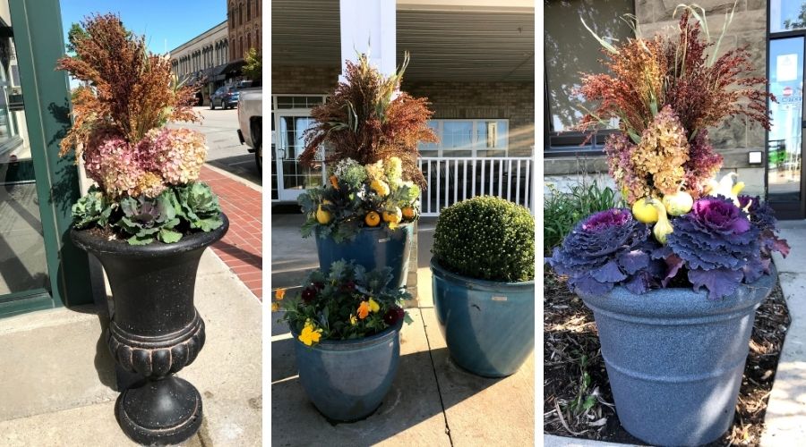 A fall-themed planter at 23 Urns (left), Three AquaPots filled with fall flowers and objects (middle). and A planter in front of City Hall designed with fall decor (right) by Bay Landscaping.