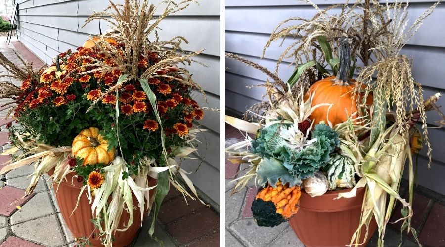 Fall containers designed by Bay Landscaping made up of mums and other fall plants and decor (left) and fall-themed items such as a pumpkin, squash, corn, kale, and more.