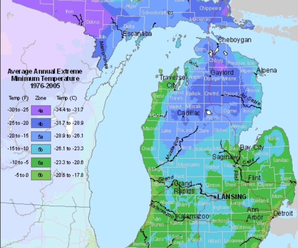 A map of the USDA Hardiness Planting Zones in Michigan.