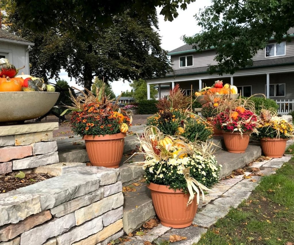 A variety of containers on stone steps filled with fall-themed decor and plants, designed by Bay Landscaping.